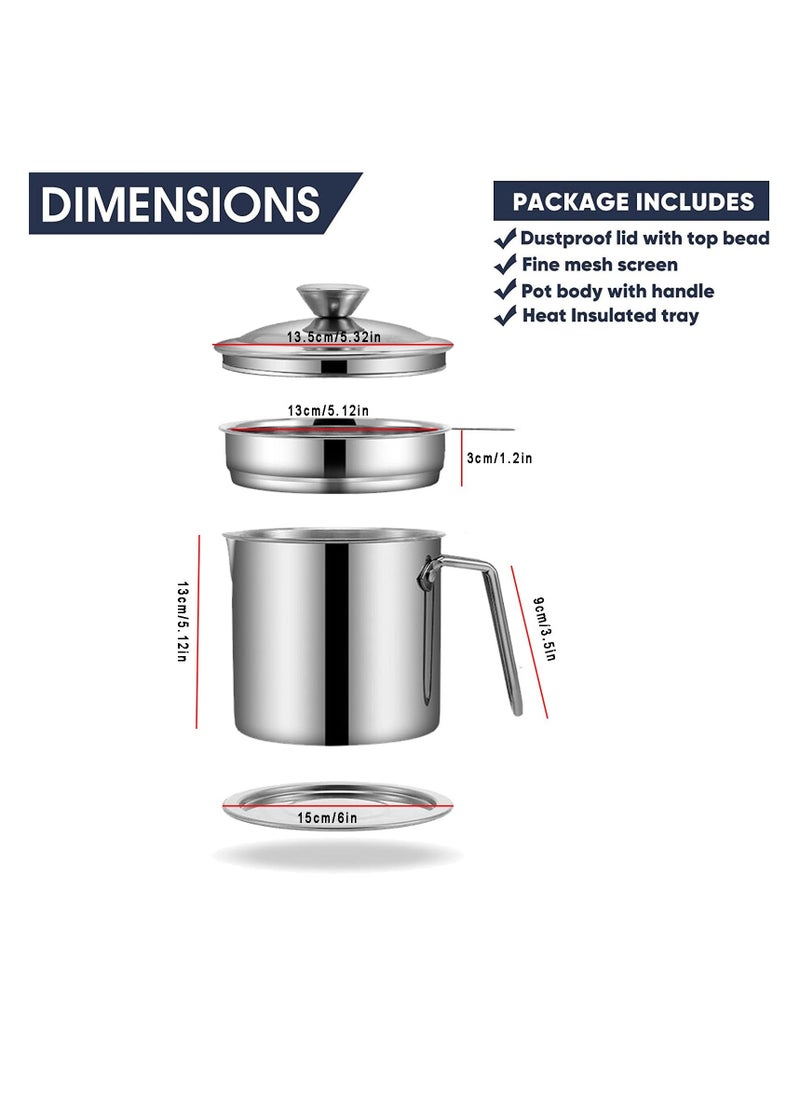 2L Grease Container with Strainer, Stainless Steel Oil Container for Storing Frying Oil and Cooking Grease, with Lid & Handle Suitable for Home Use