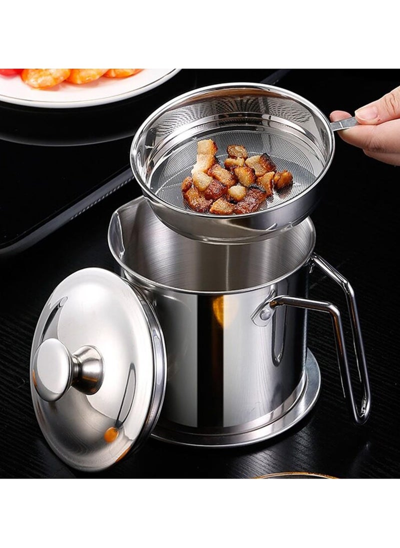 2L Grease Container with Strainer, Stainless Steel Oil Container for Storing Frying Oil and Cooking Grease, with Lid & Handle Suitable for Home Use