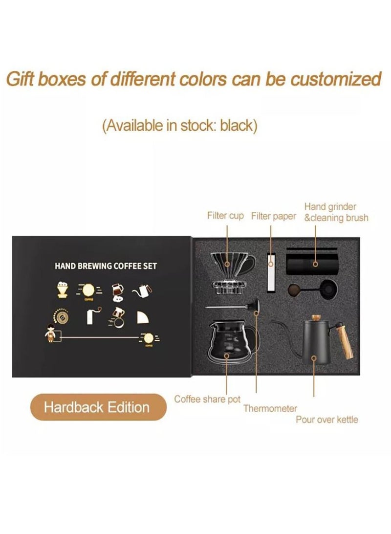 Pour Over Coffee Maker Set,Coffee Kettle,Bean Grinder,Filter Cup,Filter Paper,Cup,Thermometers all in 1 Gift Box