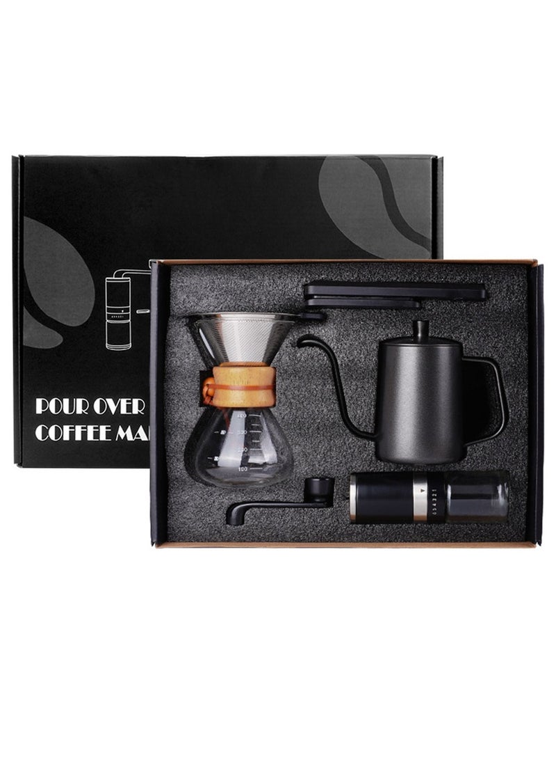 Hand Brewed Coffee, Coffee Set, Home Coffee Utensils 4-Piece Set, Includes Kettle, Coffee Grinder, Filter Cup and Scale, Black