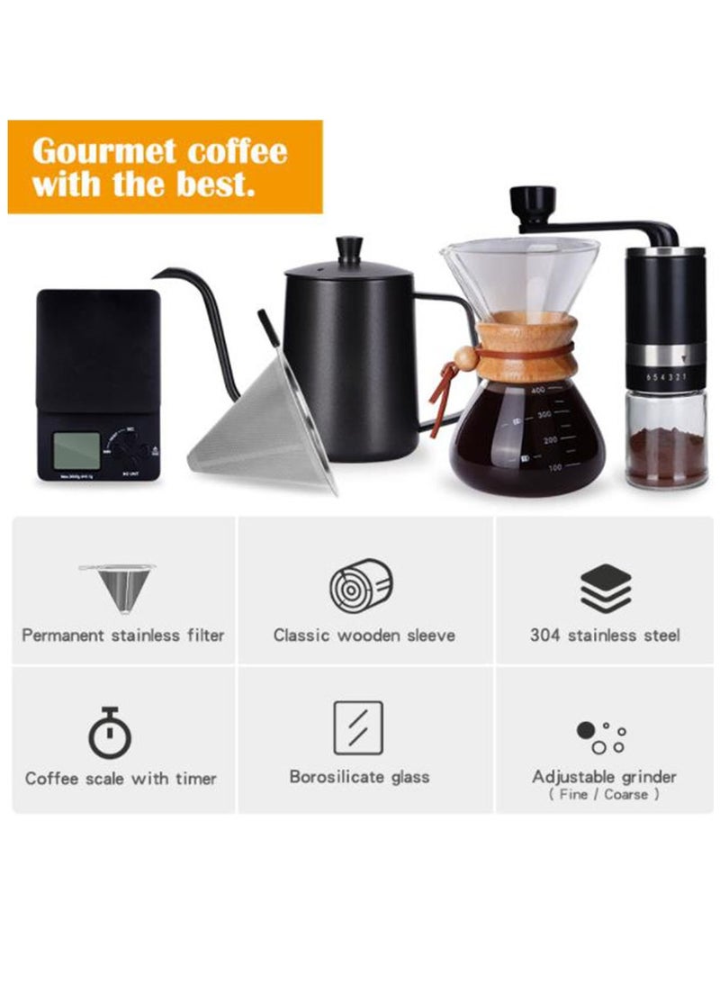 Hand Brewed Coffee, Coffee Set, Home Coffee Utensils 4-Piece Set, Includes Kettle, Coffee Grinder, Filter Cup and Scale, Black