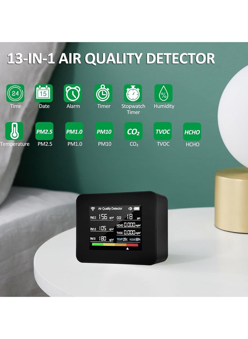 WiFi Air Quality Meter 13-in-1 Indoor Air Quality Monitor Detects CO₂ TVOC HCHO PM2.5 PM1.0 PM10 Humidity and Temperature Time Date Alarm Timer and Stopwatch Timer with Alarm for Home Offices