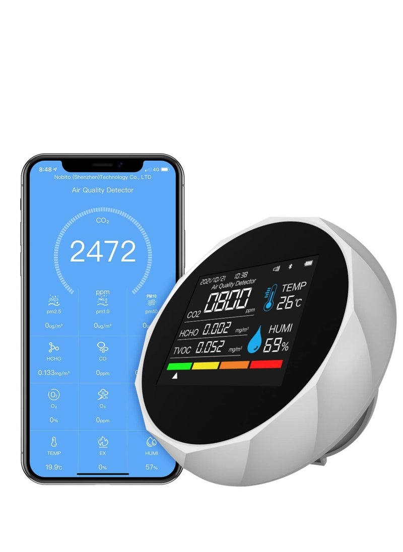 Air Quality Monitor, Smart Bluetooth APP Air Quality Monitor, 5 in 1 Formaldehyde HCHO TVOC Detector, CO2, Temperature, Humidity Monitoring, with Time and Date Display, for Home Office