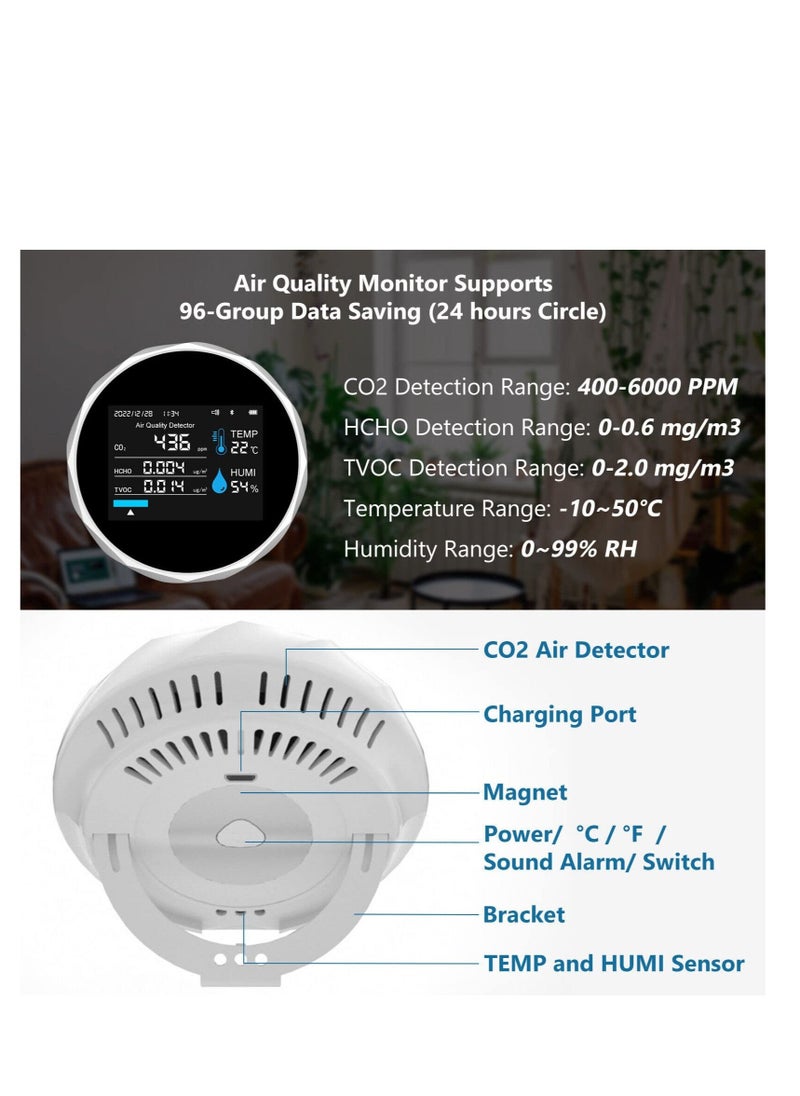 Air Quality Monitor, Smart Bluetooth APP Air Quality Monitor, 5 in 1 Formaldehyde HCHO TVOC Detector, CO2, Temperature, Humidity Monitoring, with Time and Date Display, for Home Office