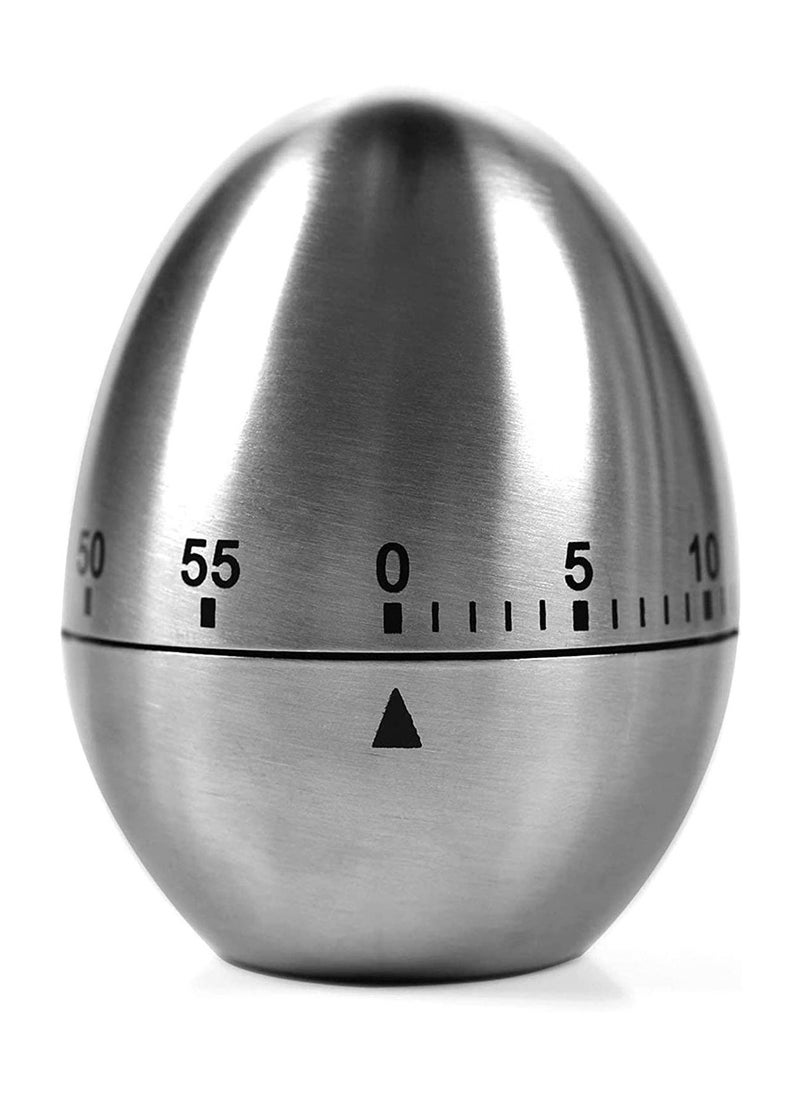 Egg Timer in Silver,  1 Pcs Mechanical Stainless Steel Kitchen Timer in Egg Countdown Shape Up to 60 Minutes for Boiling Eggs and More, Cooking Baking Bell Teeth Brushing Short Time Alarm