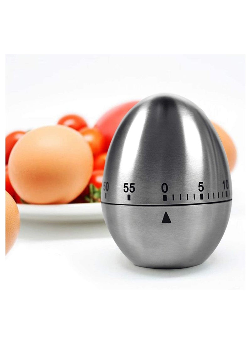 Egg Timer in Silver,  1 Pcs Mechanical Stainless Steel Kitchen Timer in Egg Countdown Shape Up to 60 Minutes for Boiling Eggs and More, Cooking Baking Bell Teeth Brushing Short Time Alarm