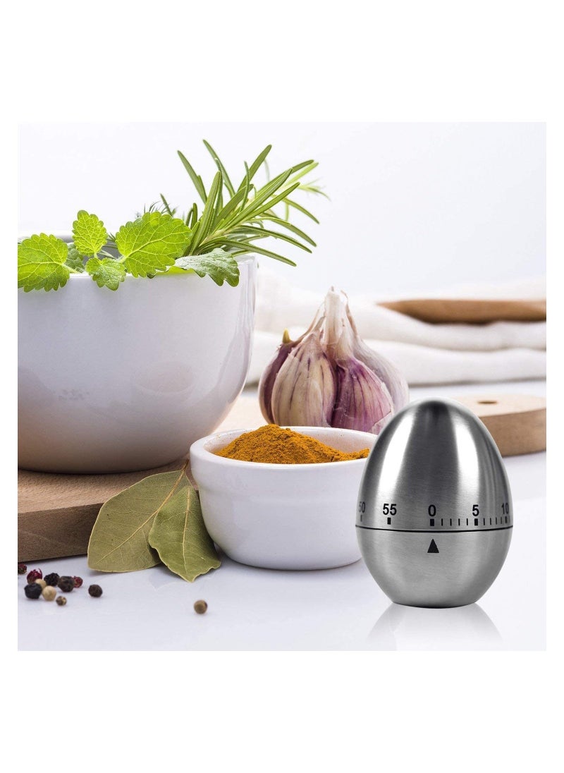 Egg Timer in Silver,  1 Pcs Mechanical Stainless Steel Kitchen Timer in Egg Countdown Shape Up to 60 Minutes for Boiling Eggs and More, Cooking Baking Bell Teeth Brushing Short Time Alarm