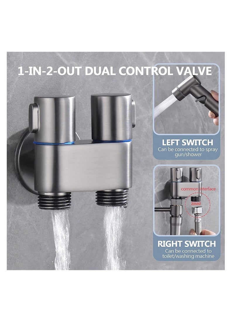 1-In-2-Out Dual Control Valve, Hand Held Bidet Sprayer Kit, Mini Toilet Faucet Sprayer, Hand Shower Attachment for Toilet and Washing Machine, Easy Installation, Grey