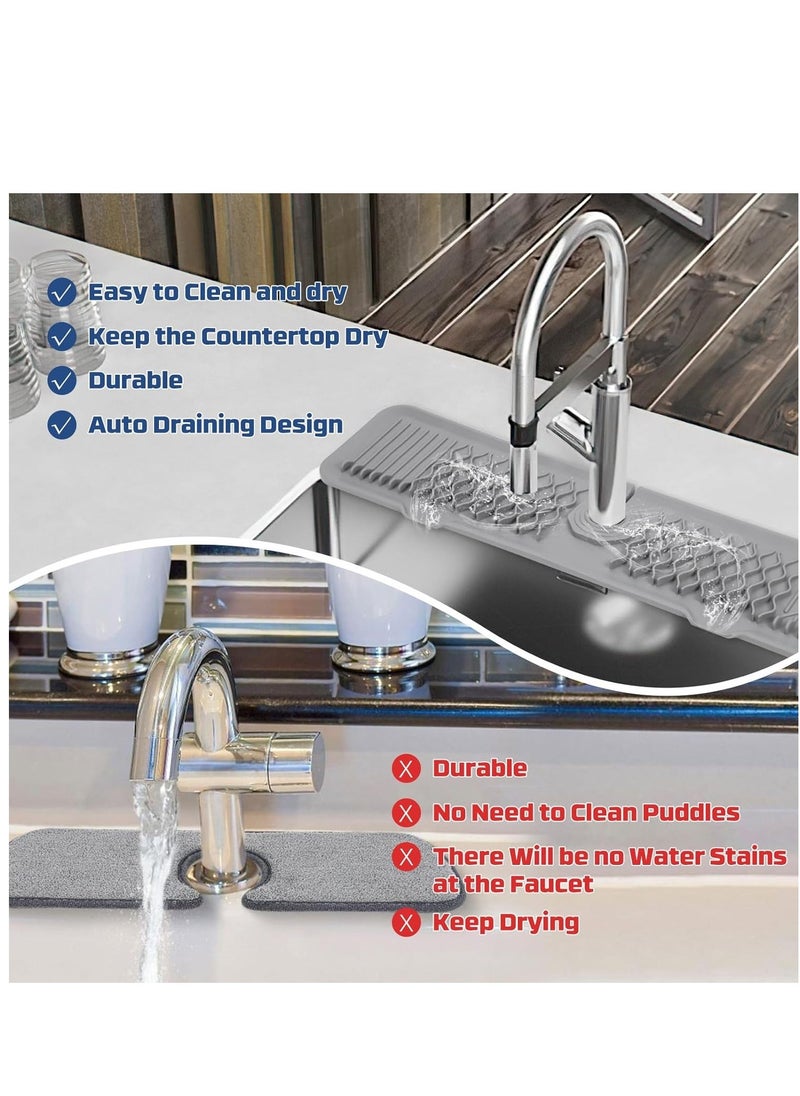 Silicone Faucet Sink Mat, 24inch Kitchen Faucet Absorbent Mats, Silicone Sink Mat Sink Drain Pad Faucet Splash Guard for Kitchen Countertop, Bathroom, Laundry Room, Gray