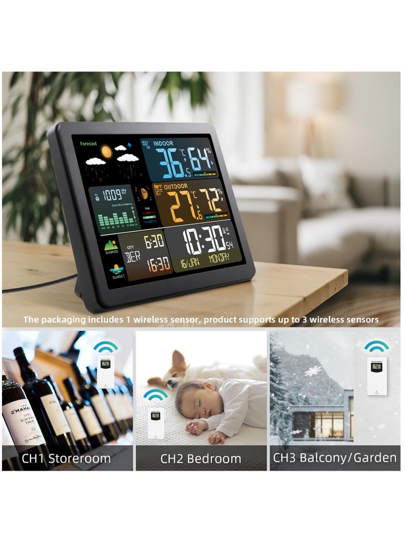 Weather Station Wireless Indoor Outdoor Thermometer, Color Display Digital Weather Thermometer with Atomic Clock, Barometric Pressure, Forecast Station with Adjustable Backlight