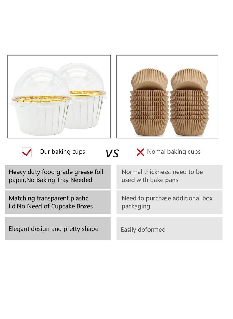 Cupcake Liners with Dome Lids 50Pack,Free-Air 3.5Oz Mini Foil Baking Cups Muffin Liners,Disposable Ramekins Cupcake Tins Cupcake Wrappers for Wedding Birthday Party,with Spoons-White in gold