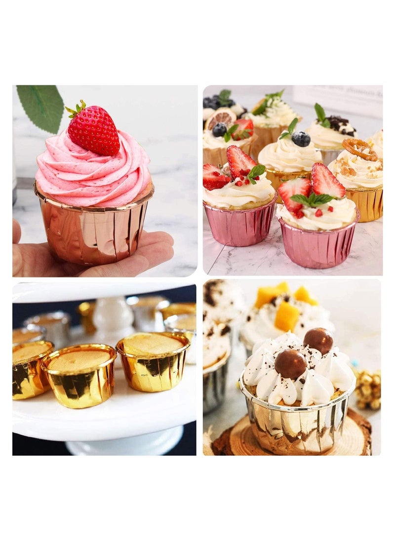 Cupcake Liners with Dome Lids 50Pack,Free-Air 3.5Oz Mini Foil Baking Cups Muffin Liners,Disposable Ramekins Cupcake Tins Cupcake Wrappers for Wedding Birthday Party,with Spoons-White in gold