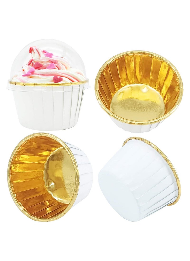 Cupcake Liners with Dome Lids 50Pack,Free-Air 3.5Oz Mini Foil Baking Cups Muffin Liners,Disposable Ramekins Cupcake Tins Cupcake Wrappers for Wedding Birthday Party,with Spoons-White in gold
