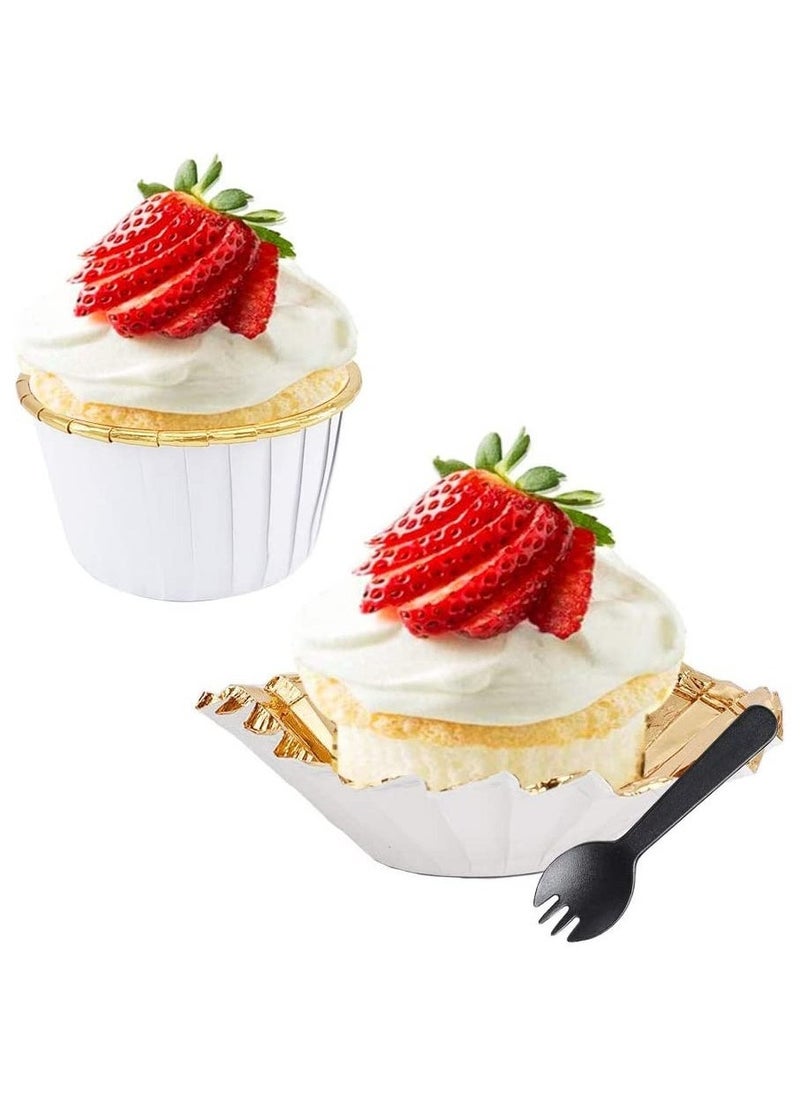 Cupcake Liners with Dome Lids 50Pack,Free-Air 3.5Oz Mini Foil Baking Cups Muffin Liners,Disposable Ramekins Cupcake Tins Cupcake Wrappers for Wedding Birthday Party,with Spoons-White in gold