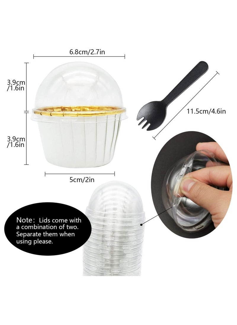 Cupcake Liners with Dome Lids 50Pack,Free-Air 3.5Oz Mini Foil Baking Cups Muffin Liners,Disposable Ramekins Cupcake Tins Cupcake Wrappers for Wedding Birthday Party,with Spoons-White in gold