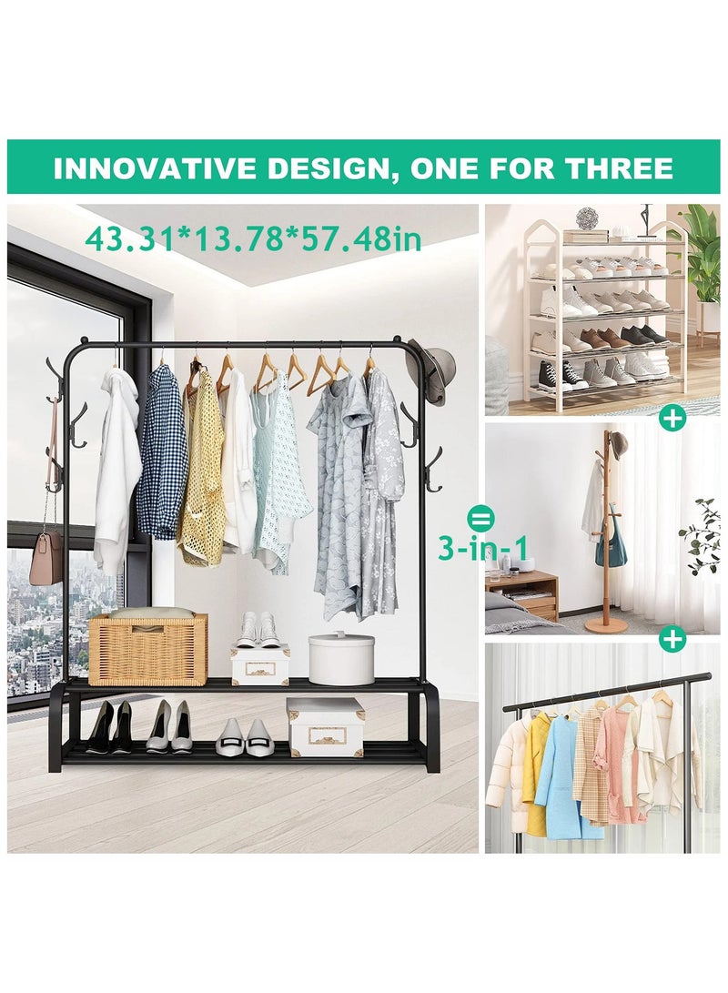 Premium Heavy Duty Metal Clothes Rack – Freestanding Garment Organizer with Shoe Shelves, Multipurpose Storage for Bedroom, Entryway, Retail Display