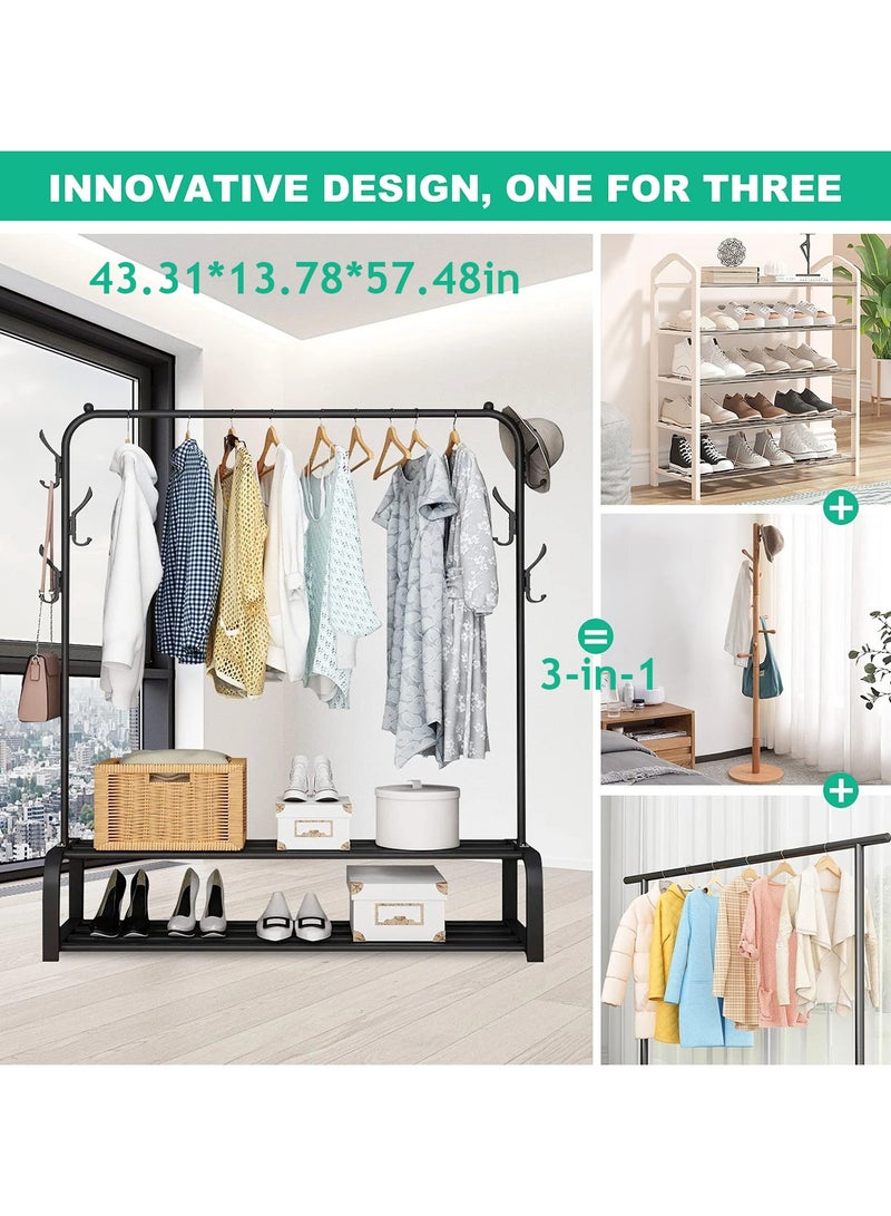 Clothes Rack with Bottom Storage,Metal Garment Rack Doubles As a Shoe Rack and Clothes Rail Stand, Serving As a Multipurpose Hanger for Handbags, Hats, and Scarves