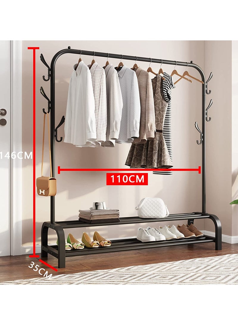 Clothes Rack with Bottom Storage,Metal Garment Rack Doubles As a Shoe Rack and Clothes Rail Stand, Serving As a Multipurpose Hanger for Handbags, Hats, and Scarves