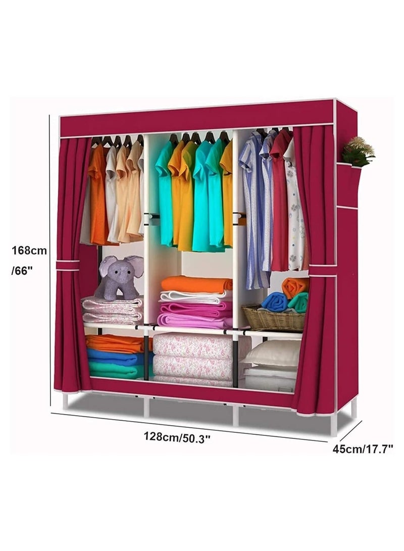 Portable Clothing Wardrobe,Fabric Wardrobe with Hanging Rail and Side Pockets, Foldable Closet for Bedroom