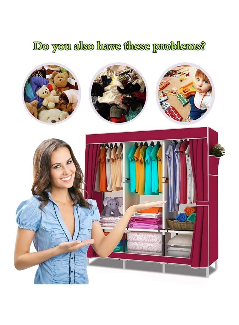 Portable Clothing Wardrobe,Fabric Wardrobe with Hanging Rail and Side Pockets, Foldable Closet for Bedroom