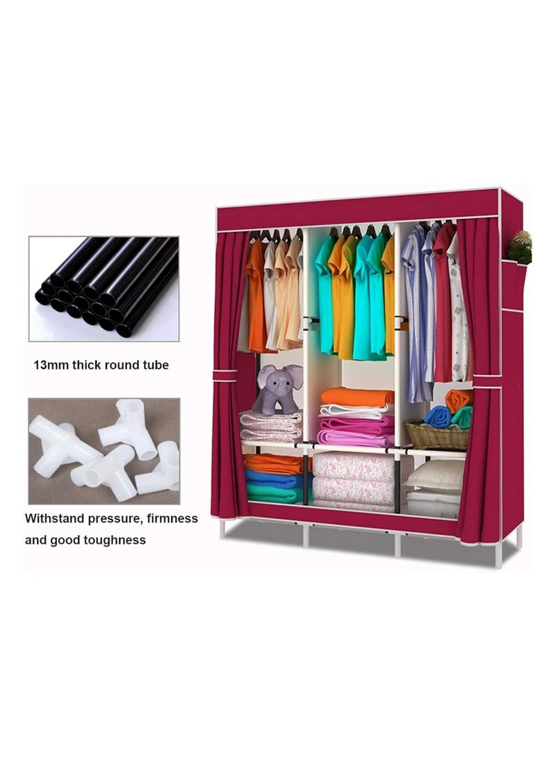 Portable Clothing Wardrobe,Fabric Wardrobe with Hanging Rail and Side Pockets, Foldable Closet for Bedroom