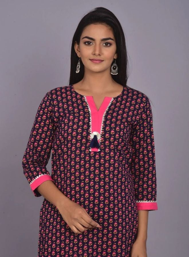 Ethnic Booti Print Navy & Pink Kurta Pant Set