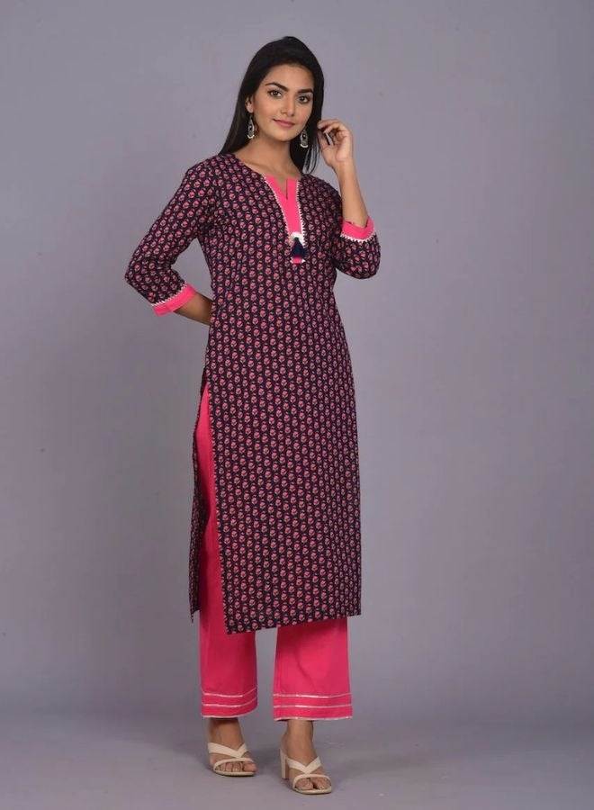 Ethnic Booti Print Navy & Pink Kurta Pant Set