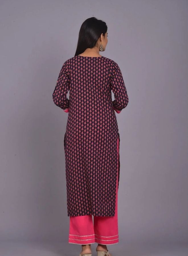 Ethnic Booti Print Navy & Pink Kurta Pant Set