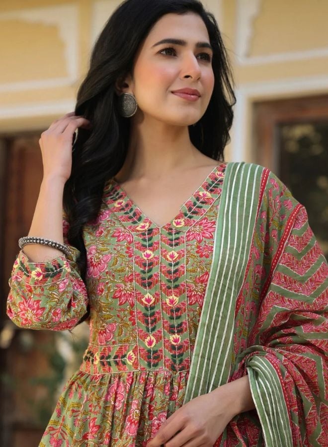 Naheeda Green Cotton Printed Kurta Set