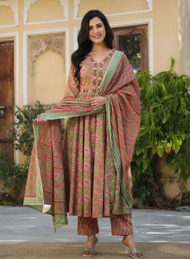 Naheeda Green Cotton Printed Kurta Set