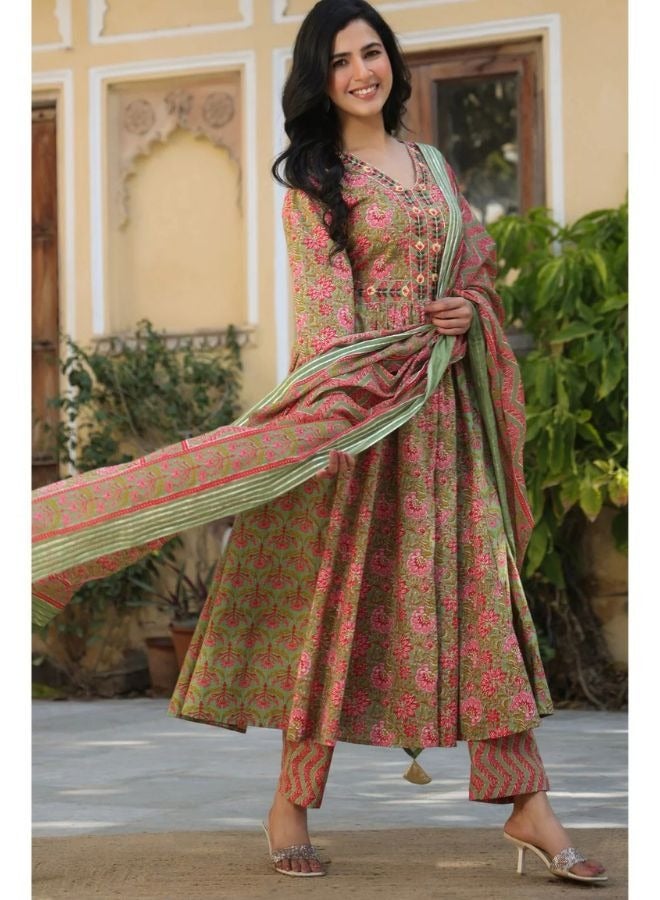 Naheeda Green Cotton Printed Kurta Set