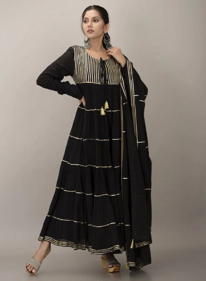 Midnight Black Flared Maxi Dress With Dupatta