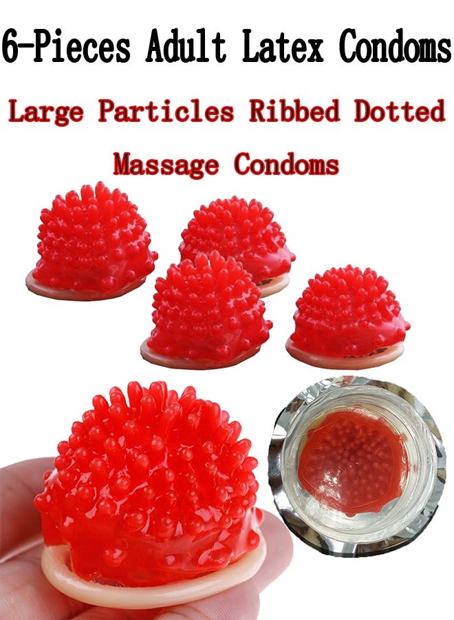 6-Pieces Adult Latex Condoms,Large Particles Ribbed Dotted Massage Condoms,Enhance Sense Stimulation Condoms,Colour Red