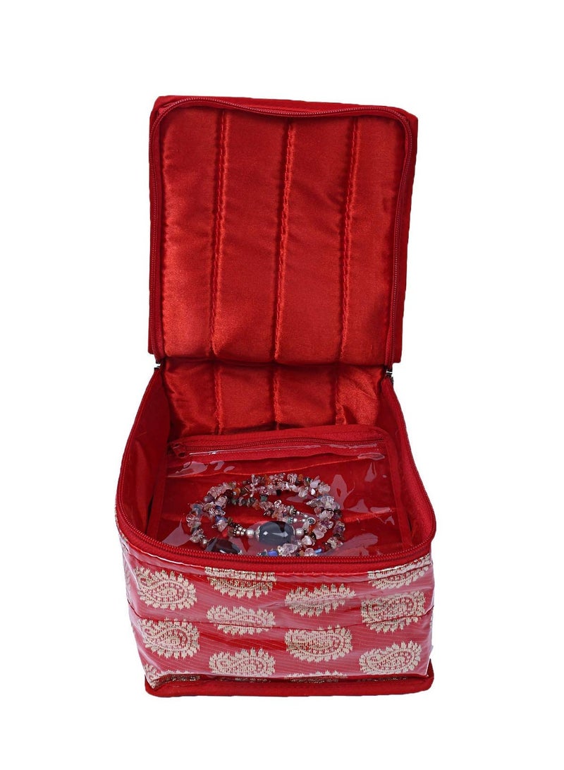 Kuber Industries Brocade Jewellery kit with 10 Pouch|Solid Print With Waterproof Outer Material|10 Pouches & Zipper Closure|Size 19 x 18 x 13, Pack of 1 (Red)