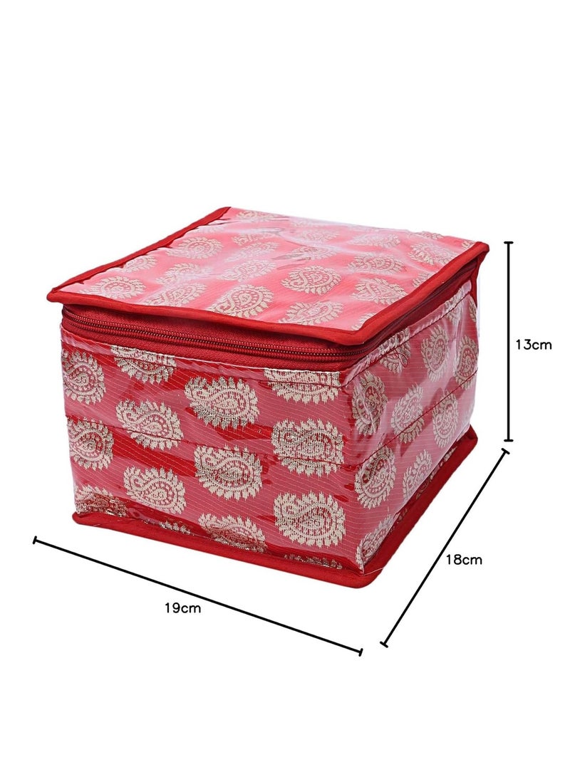 Kuber Industries Brocade Jewellery kit with 10 Pouch|Solid Print With Waterproof Outer Material|10 Pouches & Zipper Closure|Size 19 x 18 x 13, Pack of 1 (Red)