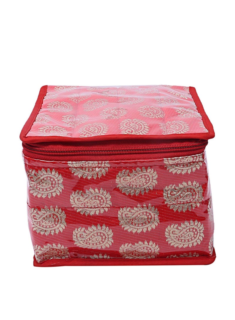 Kuber Industries Brocade Jewellery kit with 10 Pouch|Solid Print With Waterproof Outer Material|10 Pouches & Zipper Closure|Size 19 x 18 x 13, Pack of 1 (Red)