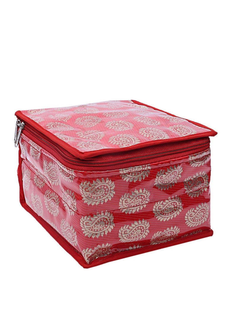 Kuber Industries Brocade Jewellery kit with 10 Pouch|Solid Print With Waterproof Outer Material|10 Pouches & Zipper Closure|Size 19 x 18 x 13, Pack of 1 (Red)