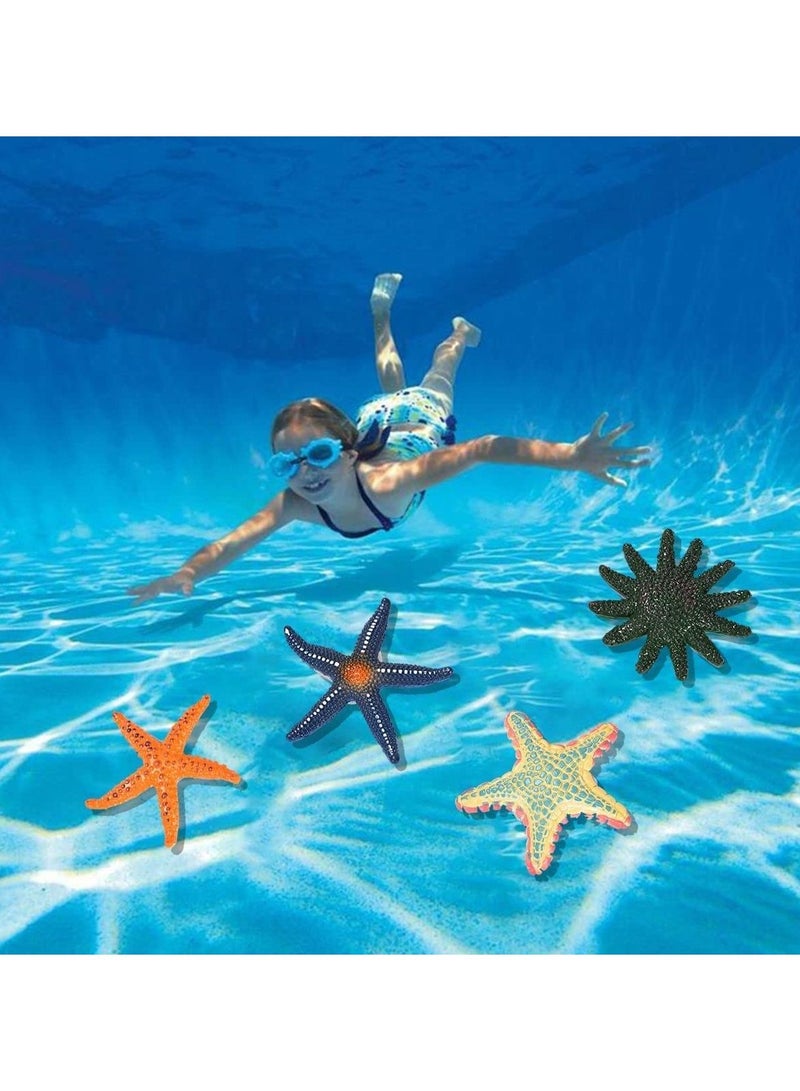 Simulation Starfish, 4 Pieces Fish and Turtle Tank Aquarium Ornaments Soft Plastic Model Children Kids Diving Toys (Orange + Blue + Green + Red)