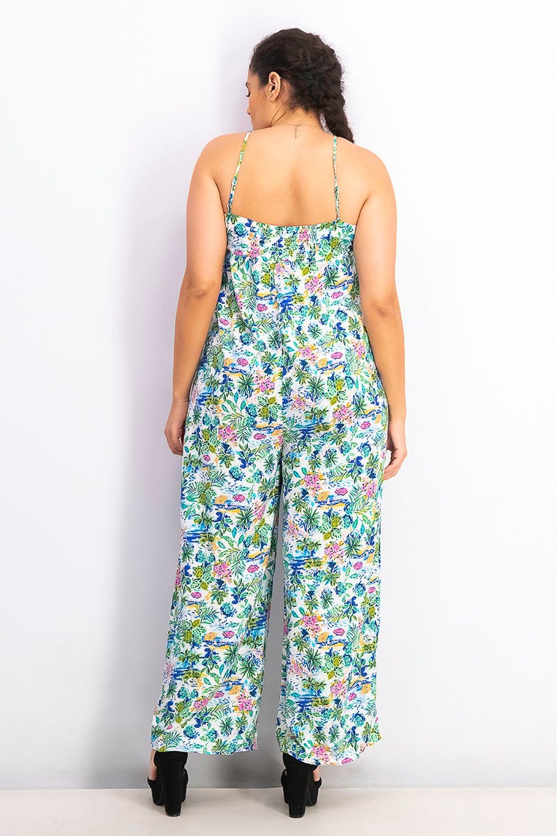 Women Floral Print Sleeveless Jumpsuit, Aqua