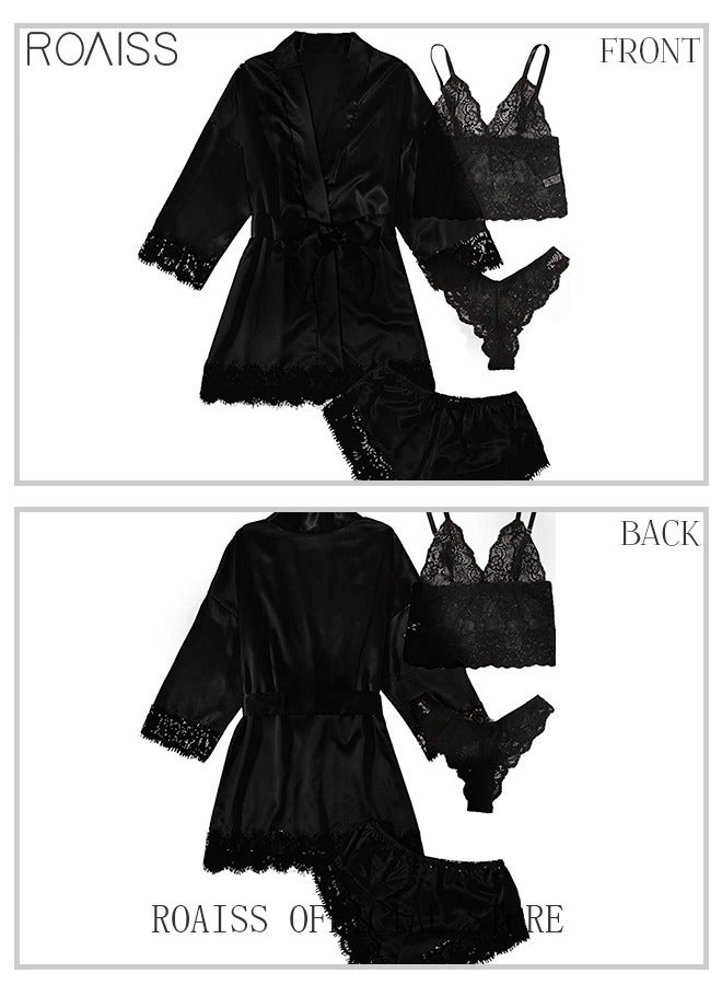 4 Pack Women's Nightwear Sets Silk Satin Sleepwear Pajama Summer Home Wearing Clothes Suits Embroidered Breathable Ladies Lingerie Robe Nightdress Underwear Panties Black