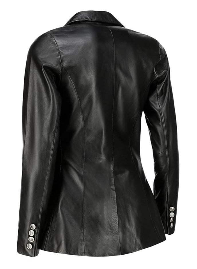 Women's Black Leather Blazer with Luxe Silver Buttons and Single-Button Closure