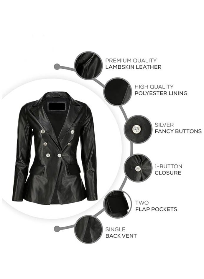 Women's Black Leather Blazer with Luxe Silver Buttons and Single-Button Closure