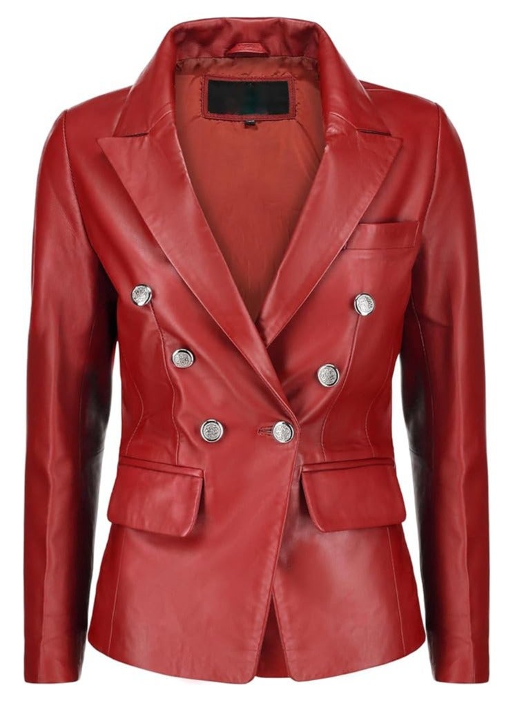 Women's Red Leather Blazer with Luxe Silver Buttons and Single-Button Closure