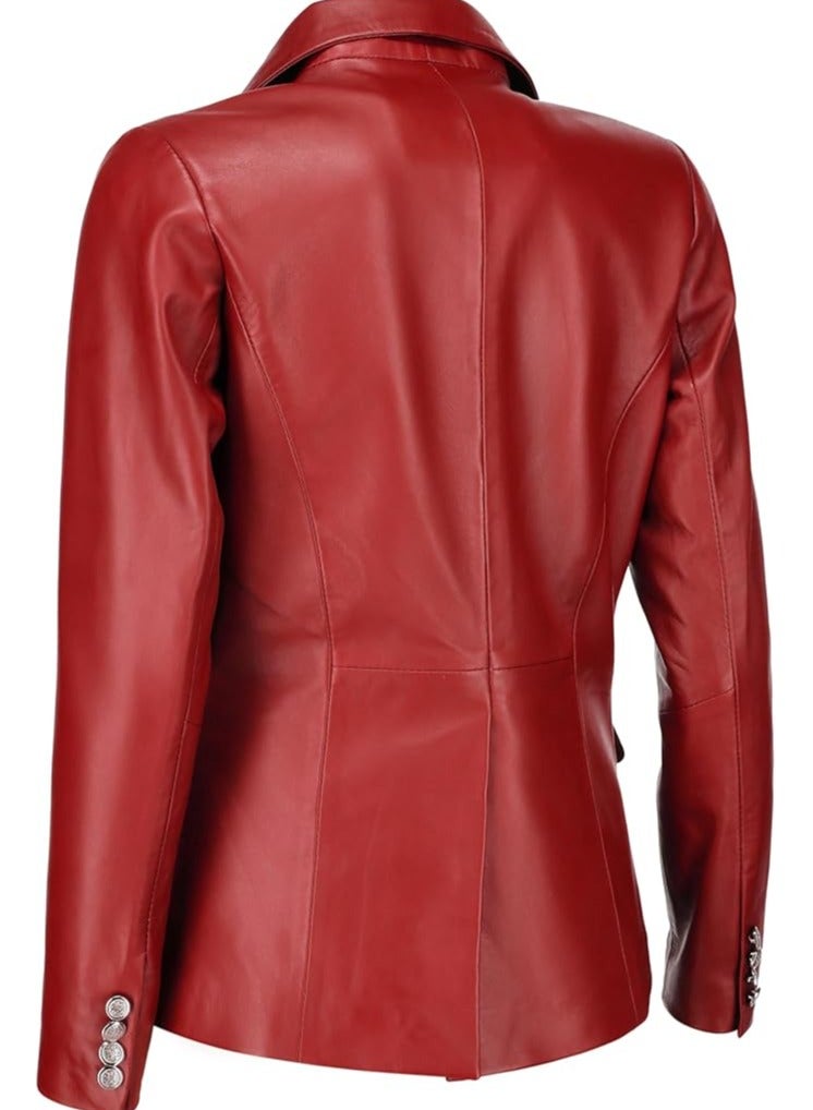 Women's Red Leather Blazer with Luxe Silver Buttons and Single-Button Closure