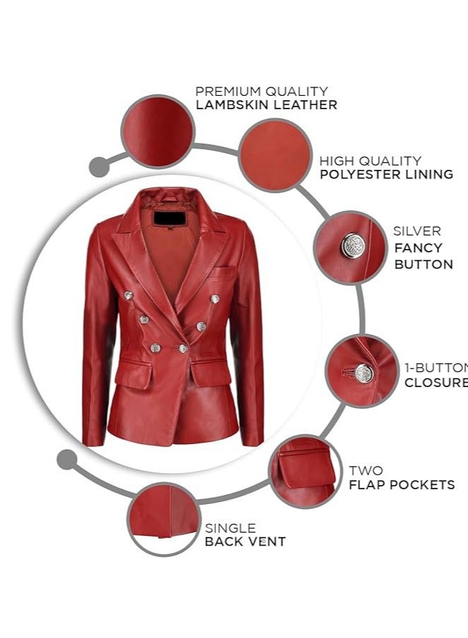 Women's Red Leather Blazer with Luxe Silver Buttons and Single-Button Closure