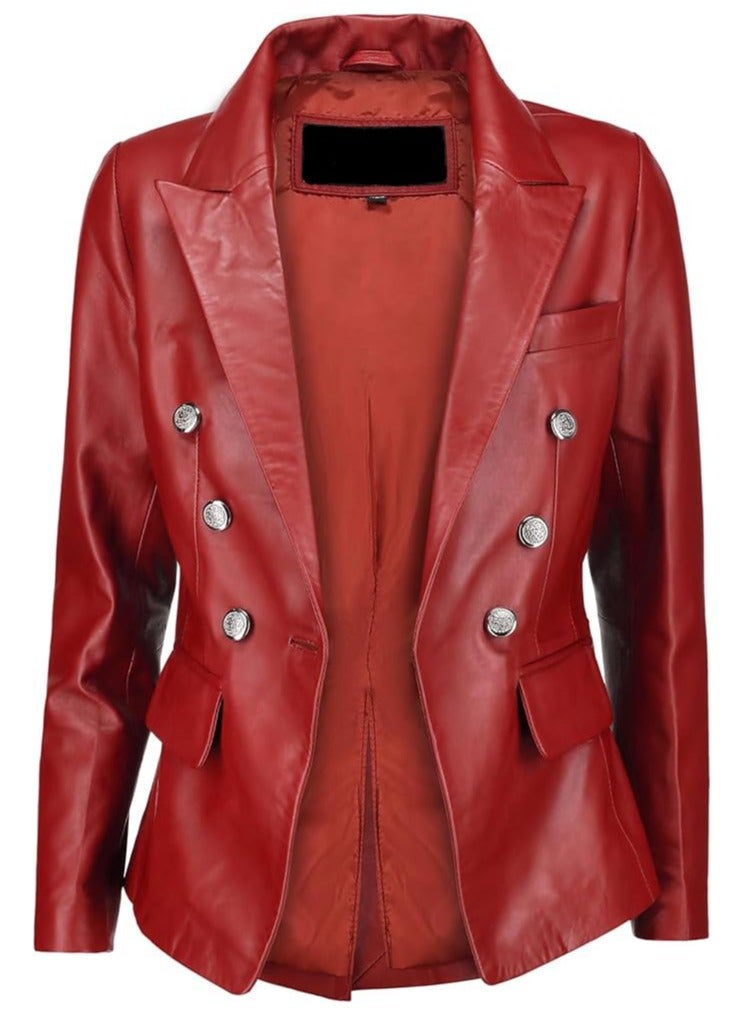 Women's Red Leather Blazer with Luxe Silver Buttons and Single-Button Closure