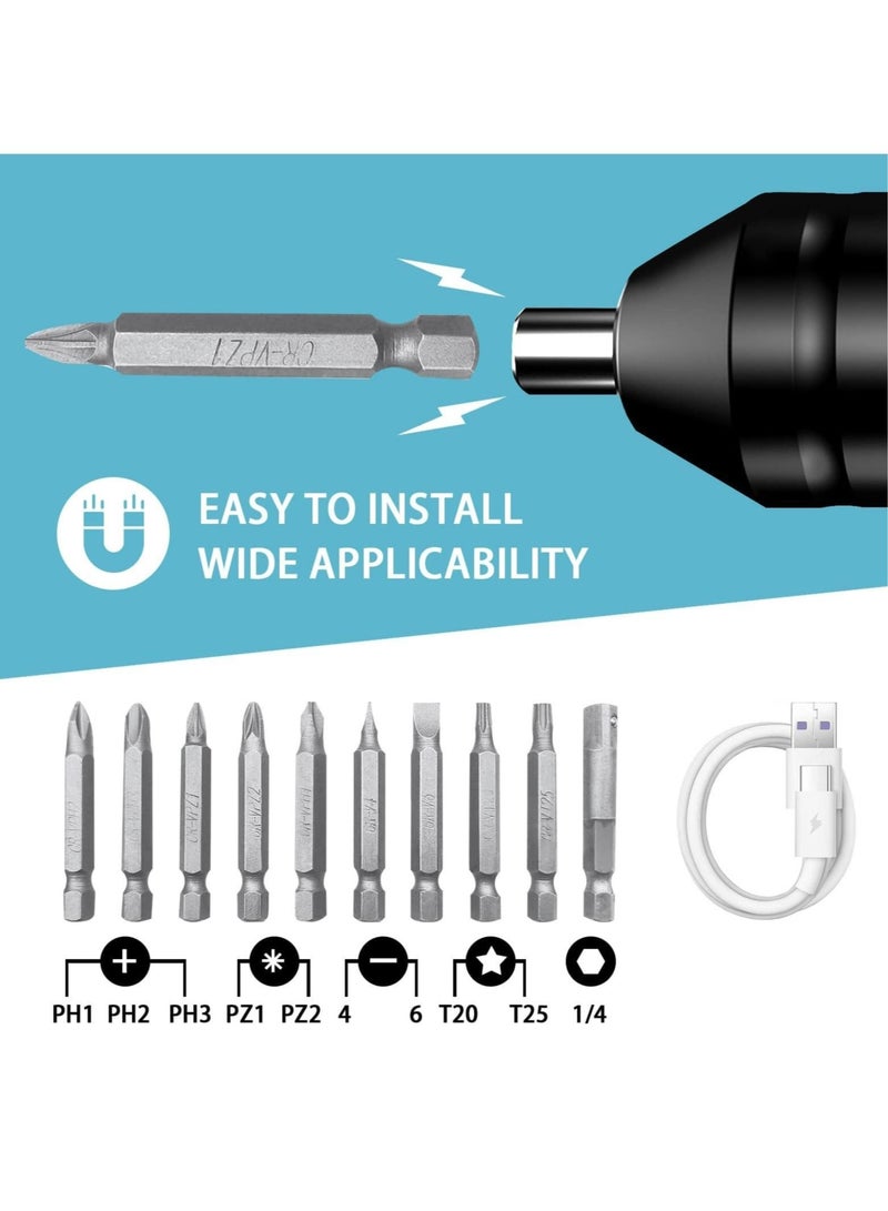 Cordless Rechargeable Screwdriver, 1200mAh 3.7V Cordless Screwdriver Rechargeable, with 10 Magnetic Bits Electric Screwdriver Sets, Forward and Reverse Rotate (Standard)