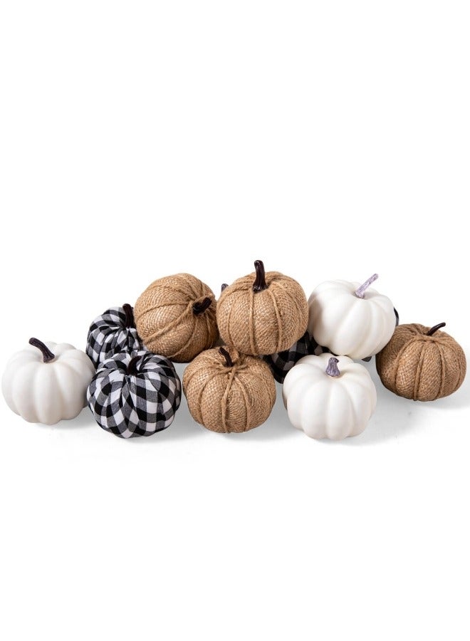 12Pcs Artificial White Pumpkins Burlap Pumpkins and Plaid Pumpkins Assorted Fake Harvest Pumpkins for Fall Wedding Autumn Thanksgiving Festival Party Decoration Photography Prop