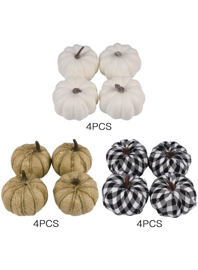 12Pcs Artificial White Pumpkins Burlap Pumpkins and Plaid Pumpkins Assorted Fake Harvest Pumpkins for Fall Wedding Autumn Thanksgiving Festival Party Decoration Photography Prop
