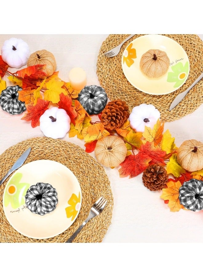 12Pcs Artificial White Pumpkins Burlap Pumpkins and Plaid Pumpkins Assorted Fake Harvest Pumpkins for Fall Wedding Autumn Thanksgiving Festival Party Decoration Photography Prop